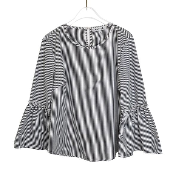 Kontrol Contemporary Gray & White Ruffle Sleeve Striped Blouse Medium Preppy - Picture 2 of 6
